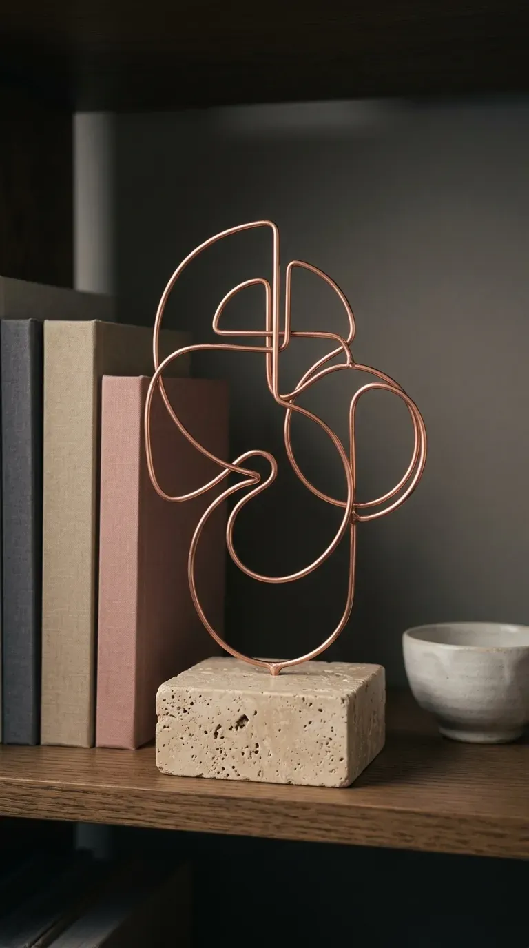abstract continuous copper wire geometric line sculpture mounted on a travertine block
