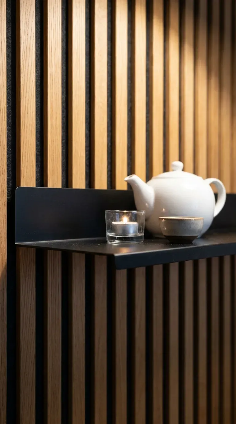 vertical wood slat wall panel backing behind floating matte black kitchen shelf