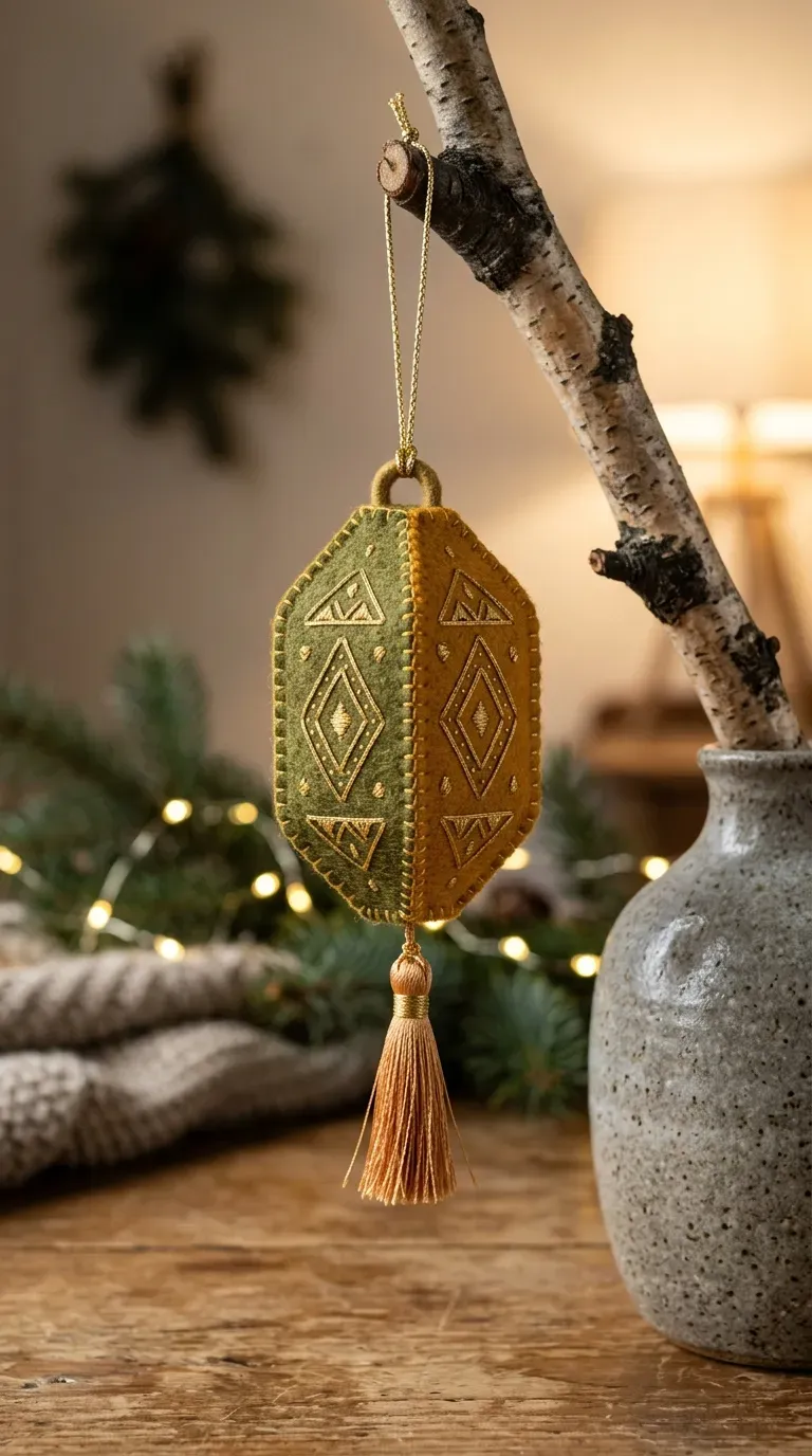 olive green and ochre felt lantern ornament with gold trim hanging on a decorative vase branch