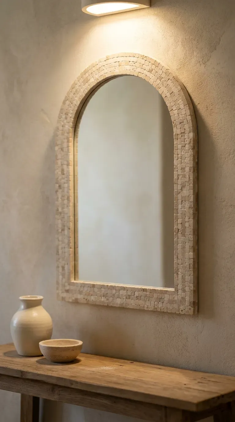 arched wall mirror with tumbled travertine and marble mosaic tile frame