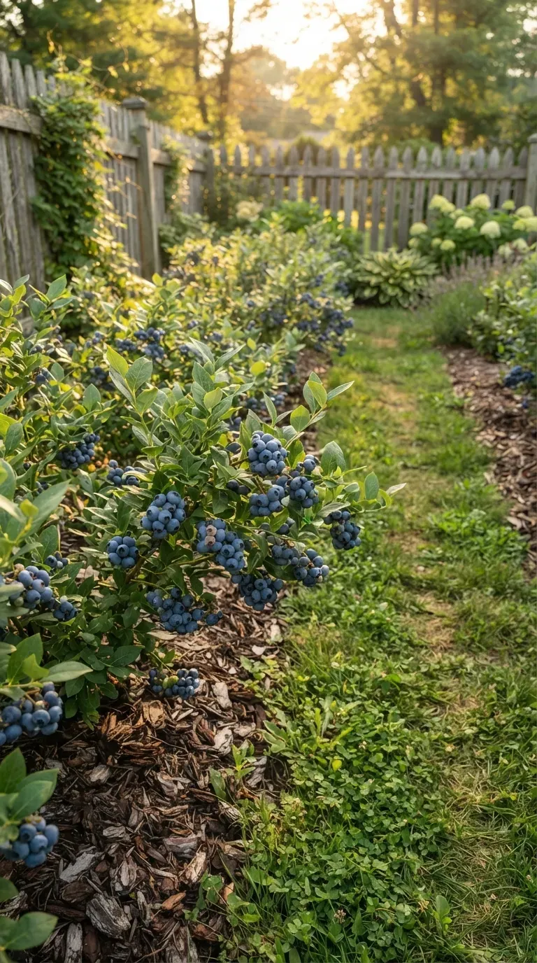 Healthy blueberry bushes growing in organized backyard garden beds with ripe berries.