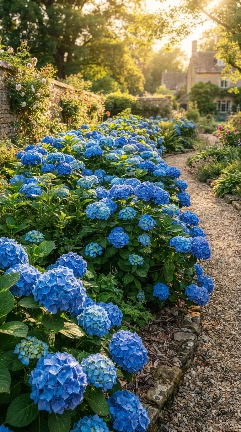 Large blue hydrangea shrubs creating a dramatic landscape focal point.