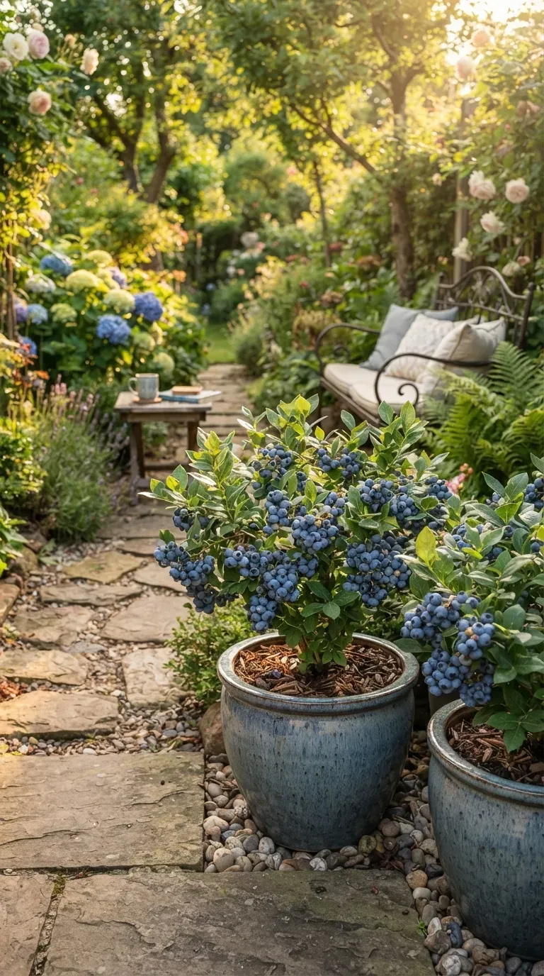 Healthy blueberry bushes growing in large containers on a sunny patio garden.