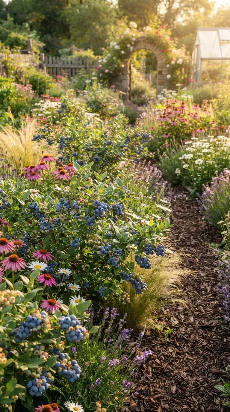 Blueberry bushes surrounded by colorful flowers and lush garden foliage in backyard beds.