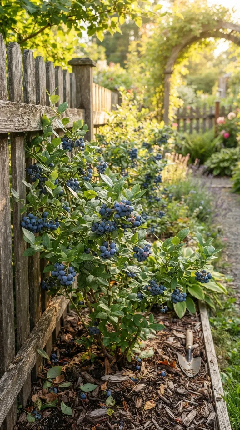 Blueberry bushes planted along a wooden garden fence with ripe berries and green foliage.