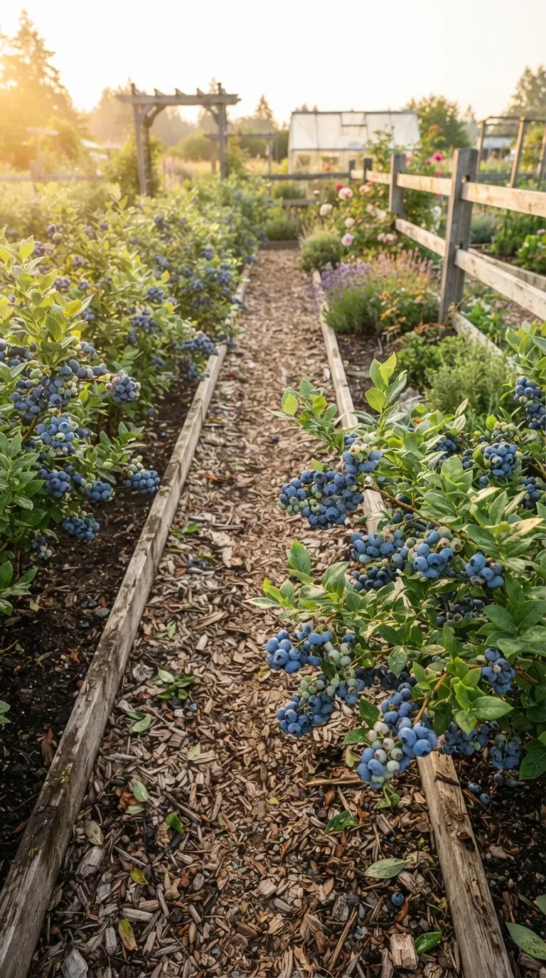 Neat blueberry garden with rows of berry bushes and a natural mulch pathway.