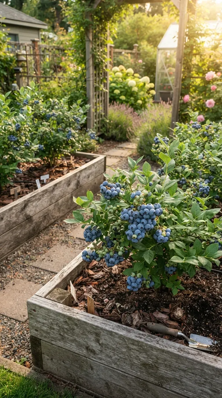 Blueberry bushes growing in raised wooden garden beds with lush green leaves and berries.