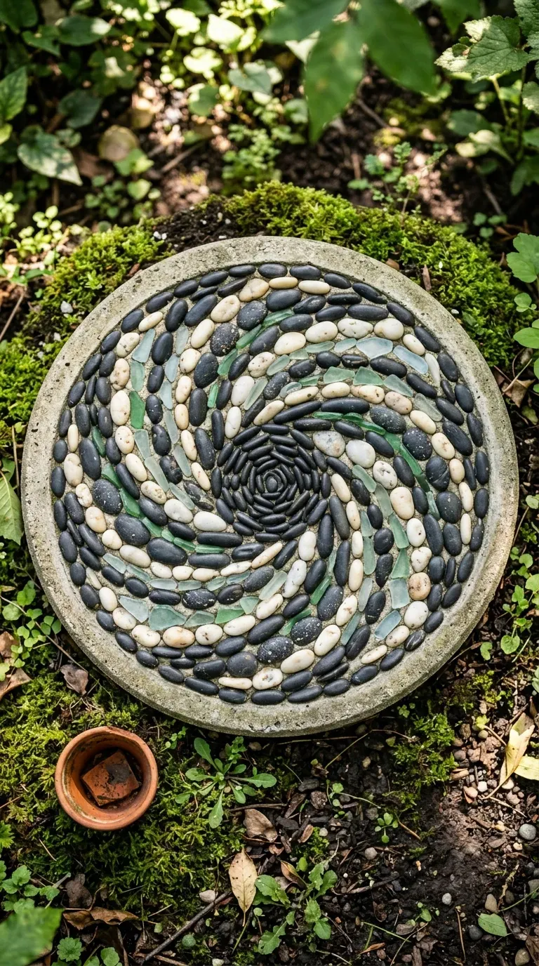 circular garden stepping stone with spiral river pebble and sea glass mosaic embedded in concrete