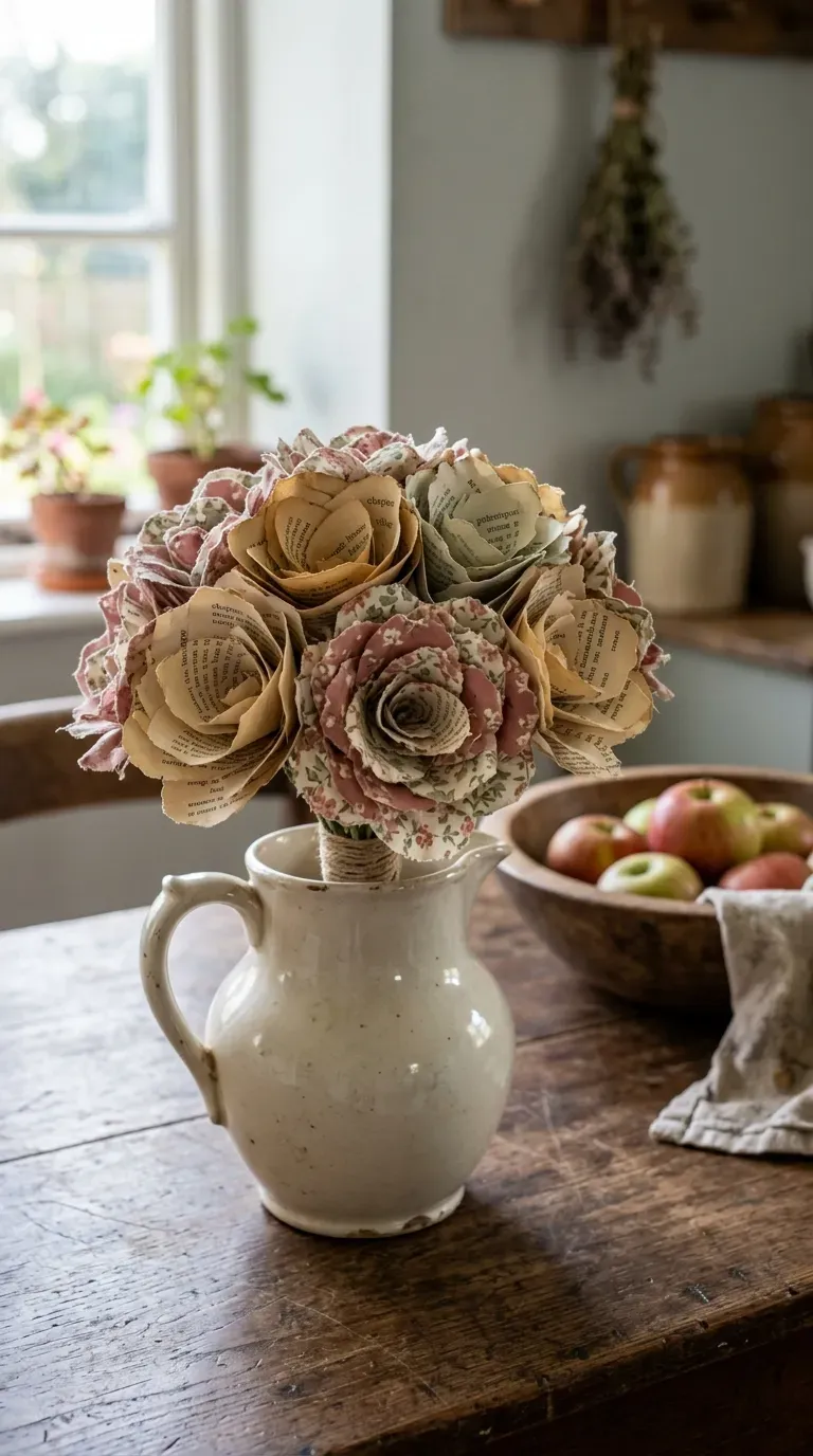 mixed media floral bouquet of vintage book page and floral calico fabric flowers in an ironstone pitcher