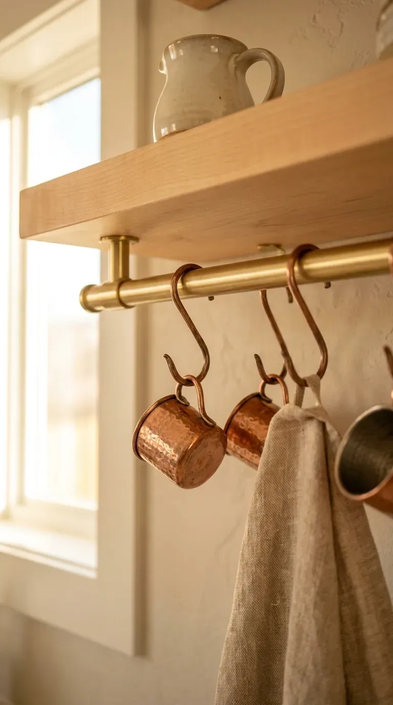 wood kitchen shelf with integrated brass hanging rail and copper mugs on hooks