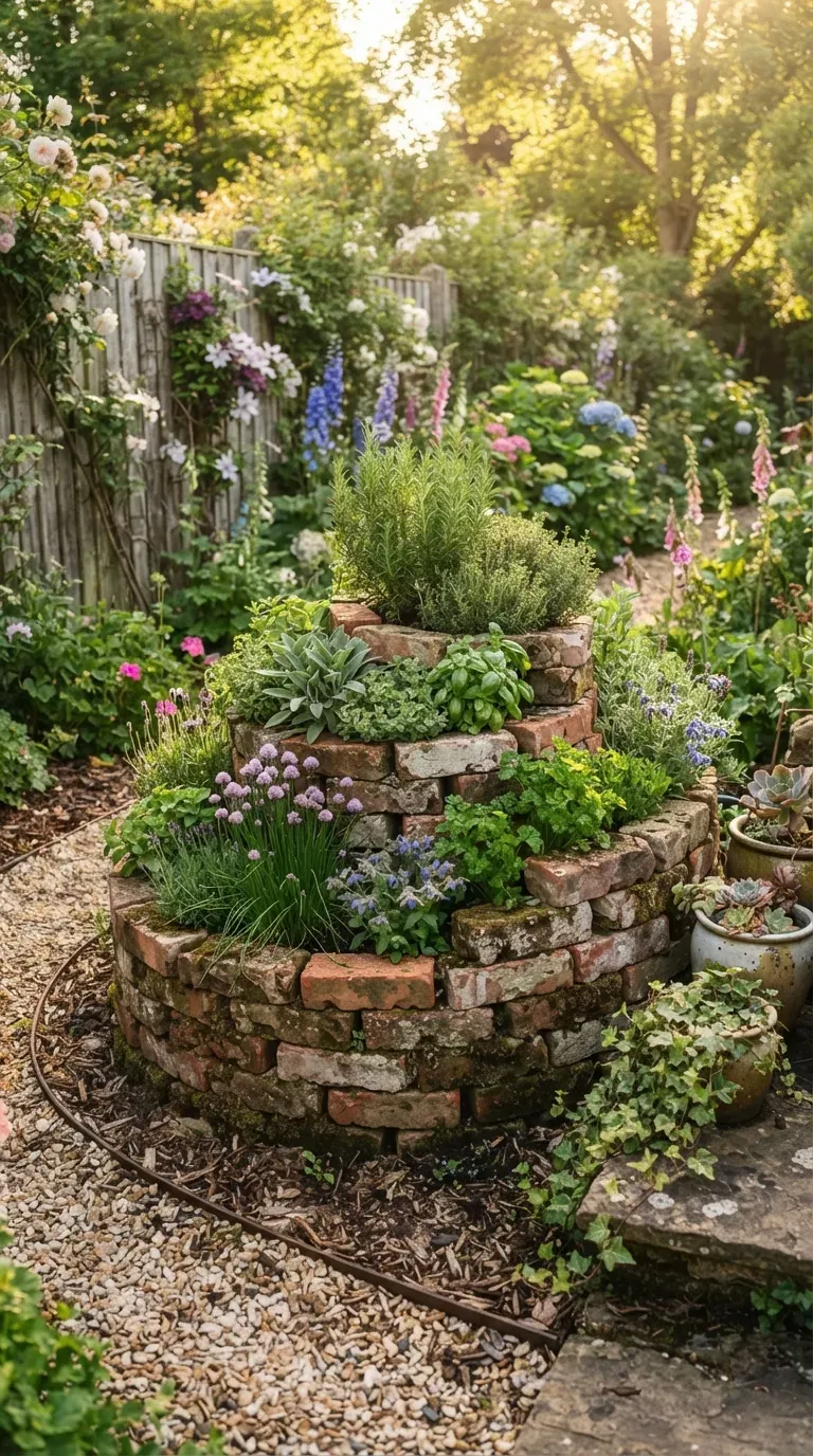 Rustic brick herb spiral filled with colorful culinary herbs and green foliage.
