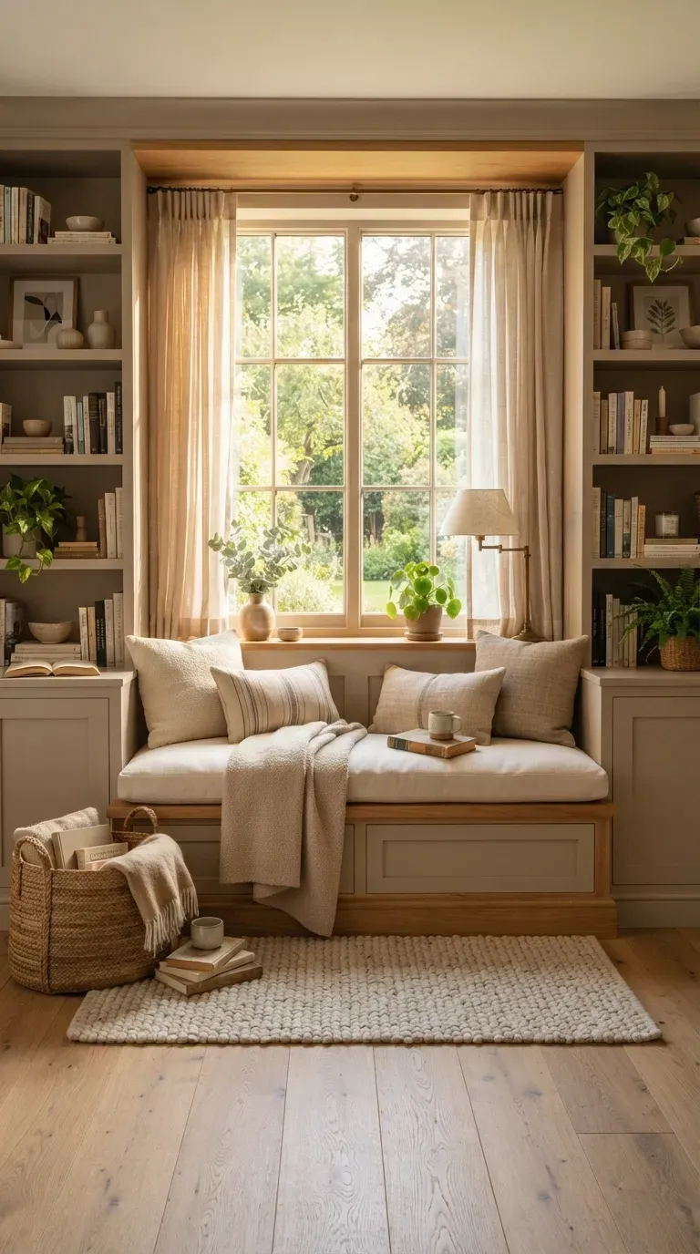 Beautiful built-in window reading bench with cushions books and soft neutral decor.