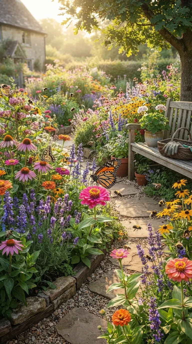 Pollinator-friendly flower garden filled with butterflies and colorful blooms.