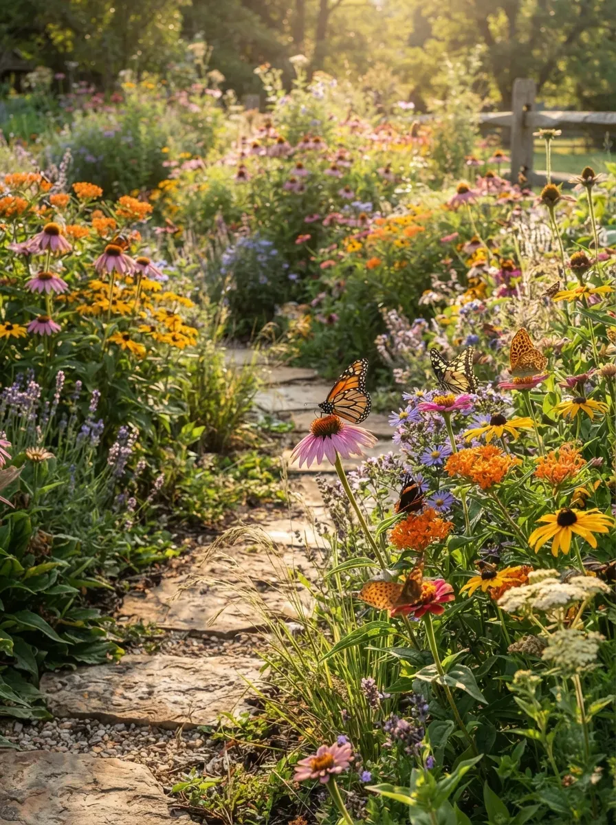 Butterfly-friendly wildflower garden filled with colorful blooms and pollinator plants.