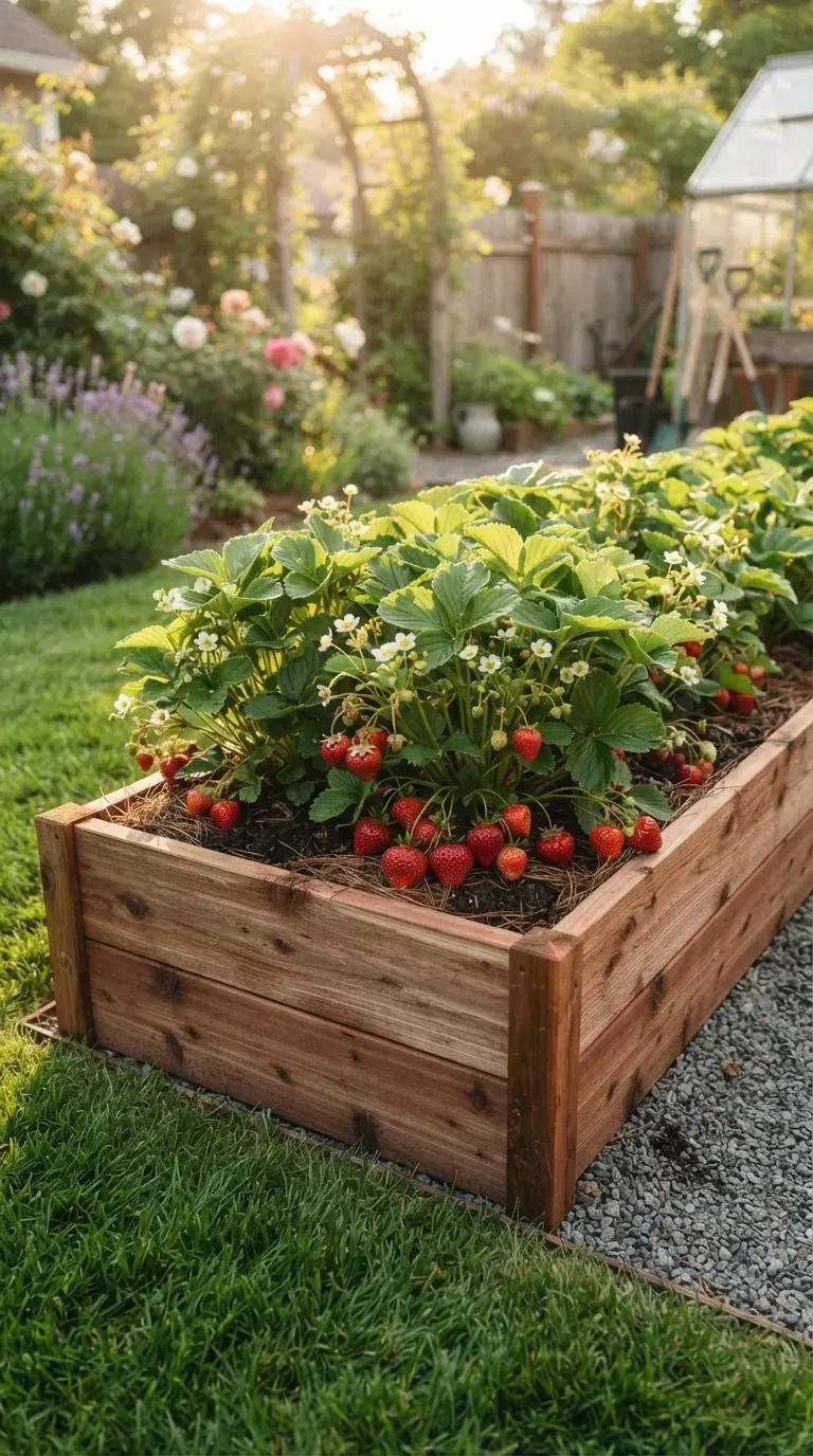Cedar raised garden bed filled with productive strawberry plants and ripe berries.