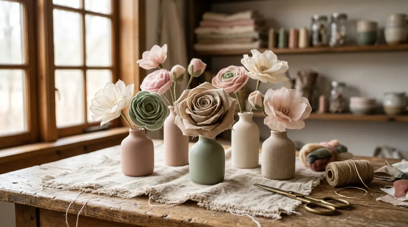 styled collection of handmade fabric flowers in ceramic vases on a rustic wooden table
