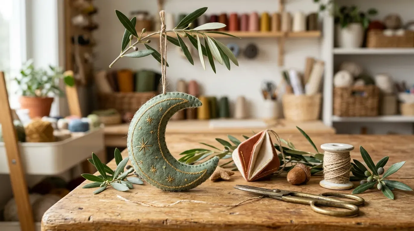 styled collection of handcrafted wool felt home ornaments on a rustic wooden tabletop