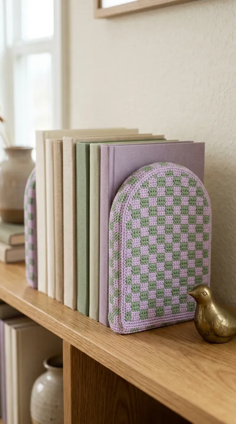 pair of arched crochet bookends in lavender and sage green checkerboard supporting books on a shelf