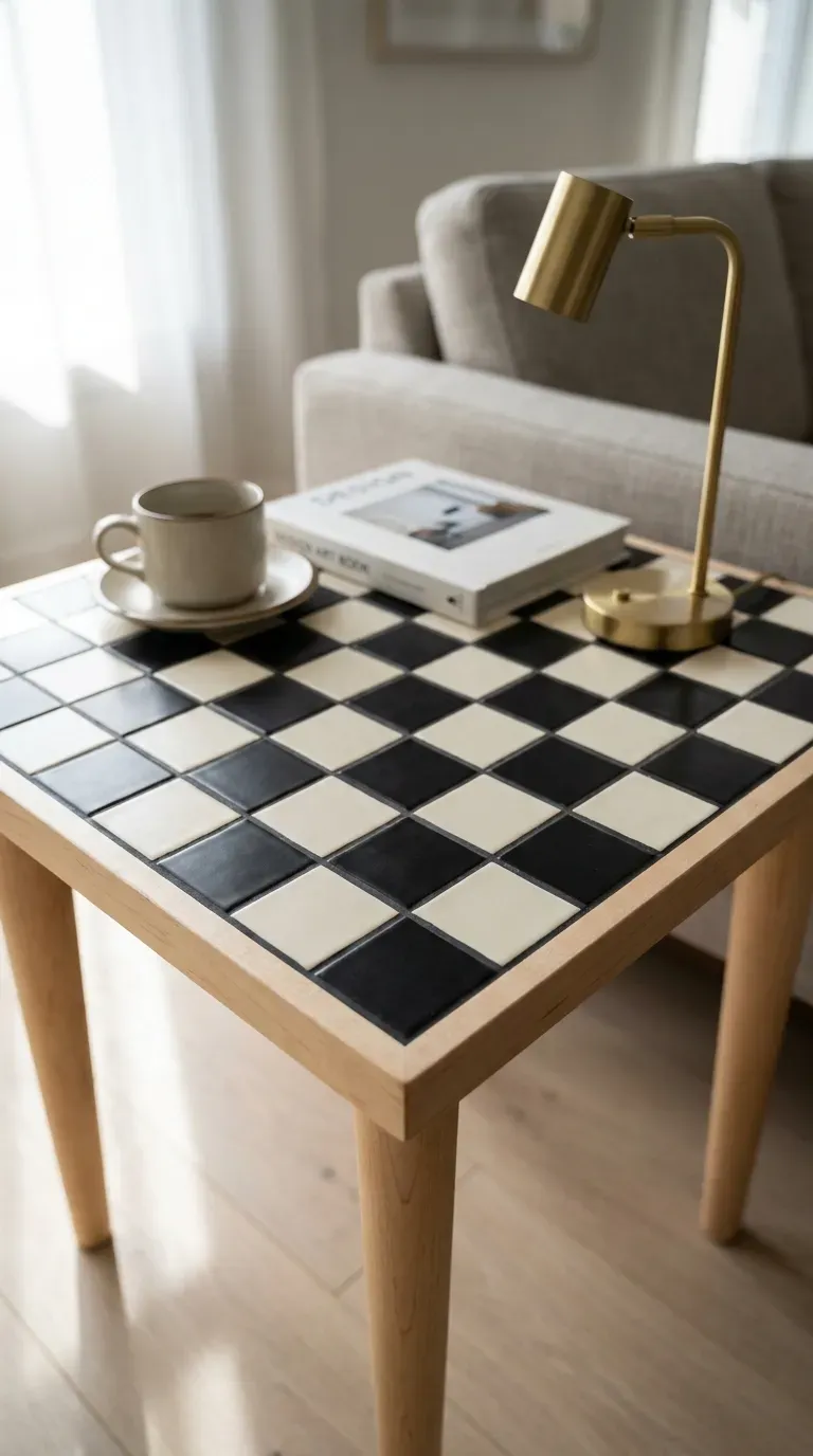 modern square side table with black and white ceramic tile checkerboard top