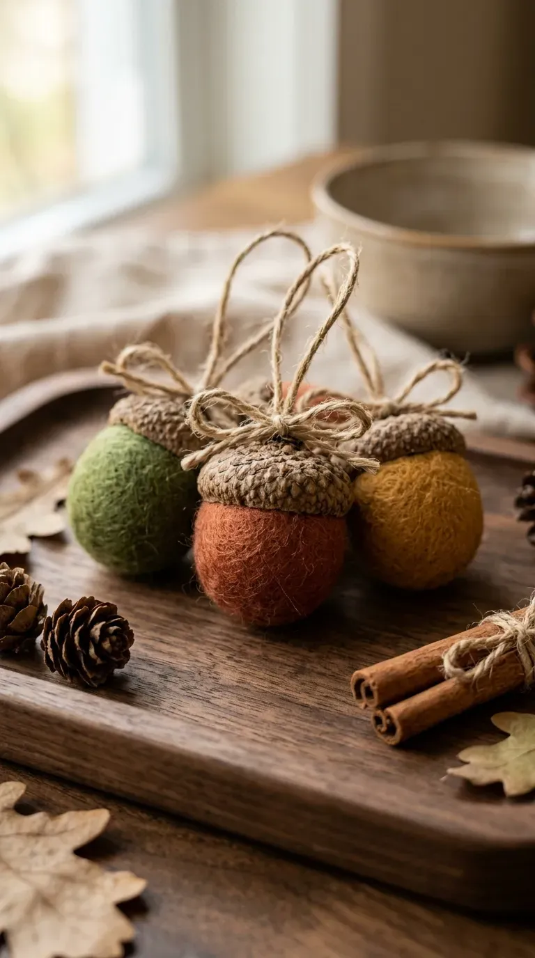 cluster of three colorful wool felt acorns with real caps tied with jute twine on a wooden tray