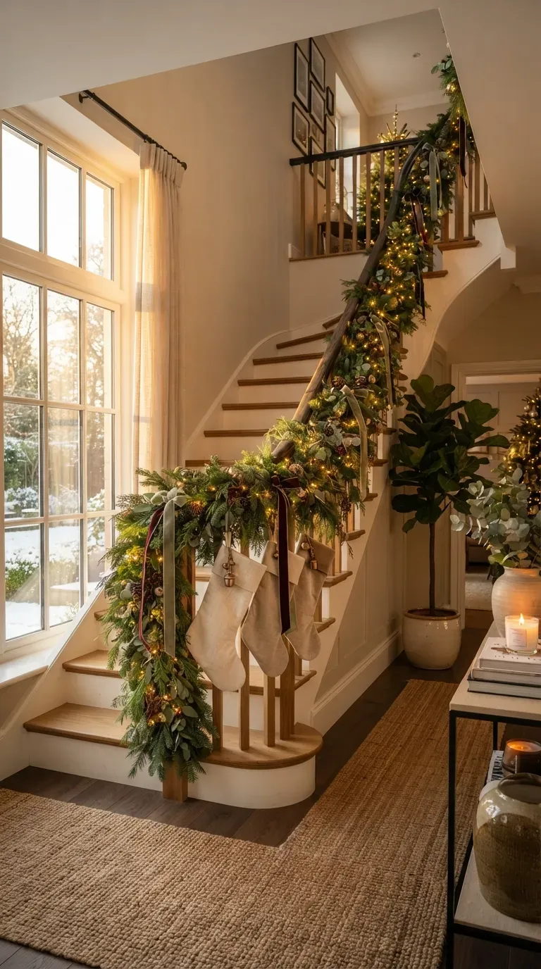 Beautiful staircase decorated with evergreen garland ribbon ornaments and warm Christmas lights.