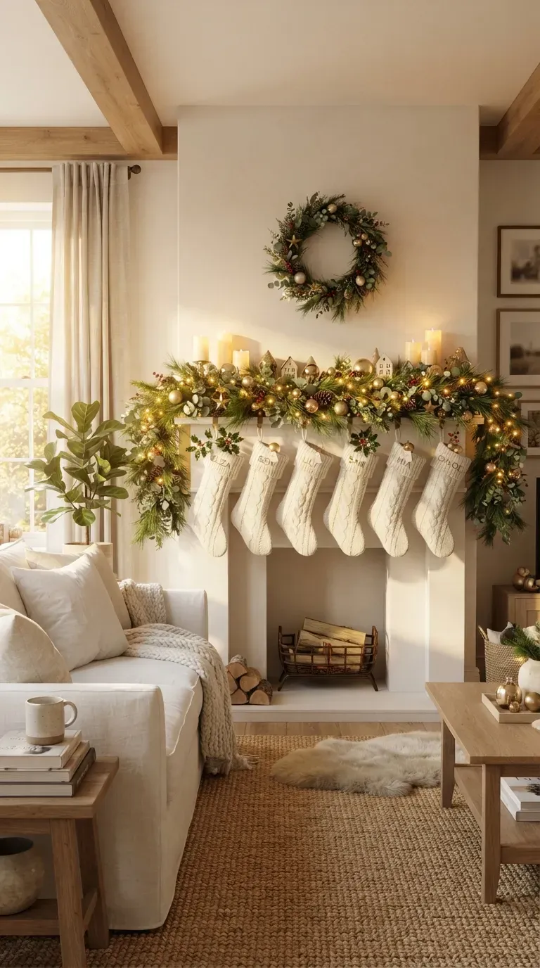 Cozy Christmas mantel decorated with evergreen garland candles stockings and festive accents.