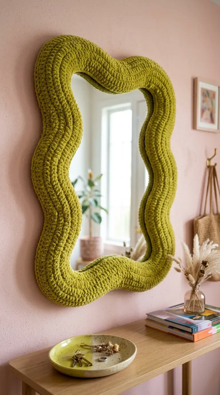irregular wavy chartreuse crochet tube frame wrapping around a minimalist wall mirror