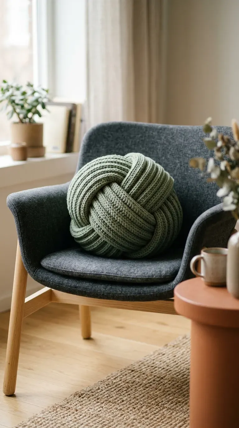 sculptural spherical crochet knot cushion in sage green resting on a modern grey armchair
