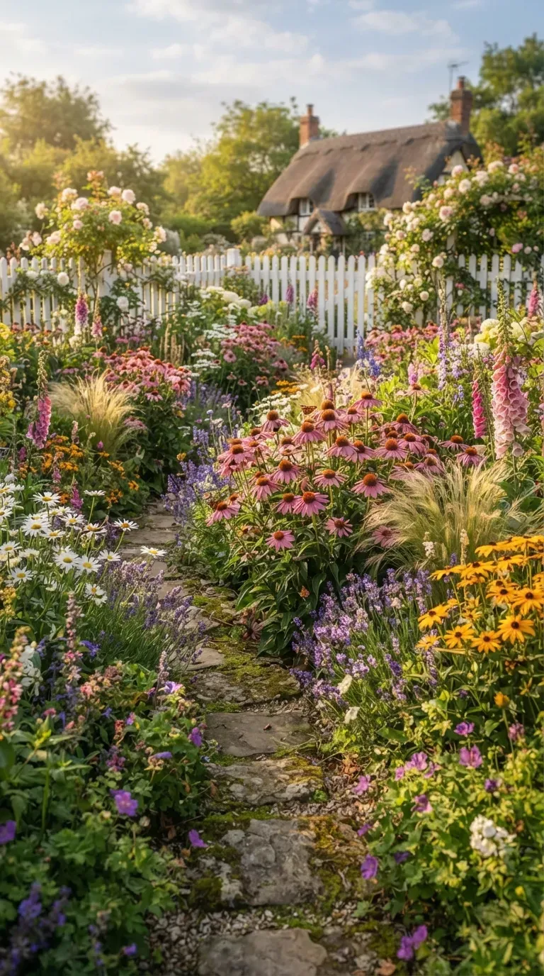 Colorful cottage garden filled with pink coneflowers, wildflowers, and rustic garden pathways.