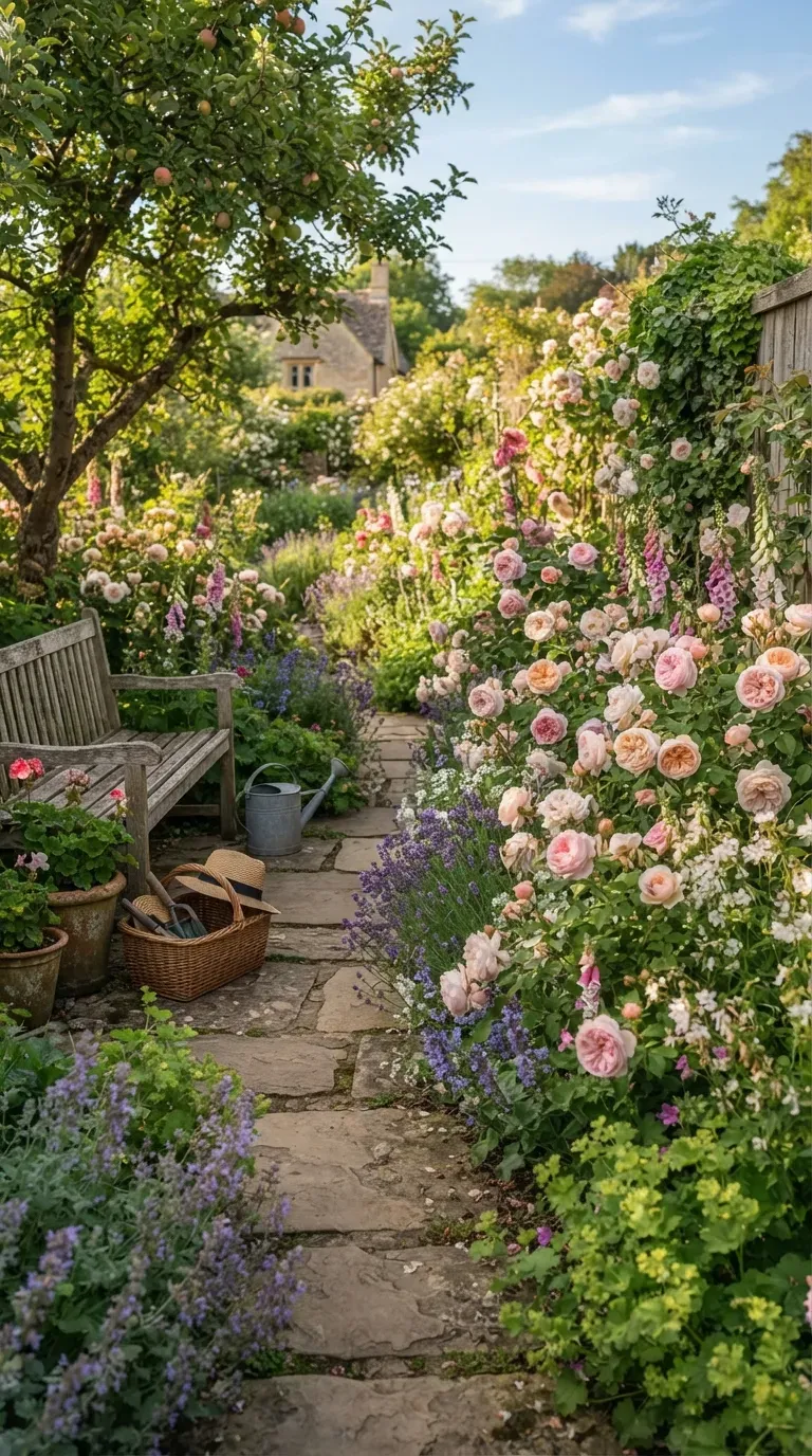 Romantic English rose border filled with pink white and peach roses.