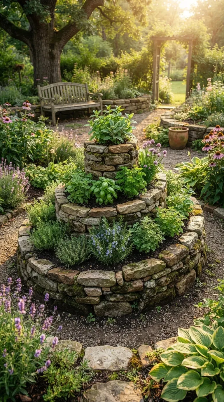 Classic stone herb spiral filled with lush rosemary thyme basil and parsley.