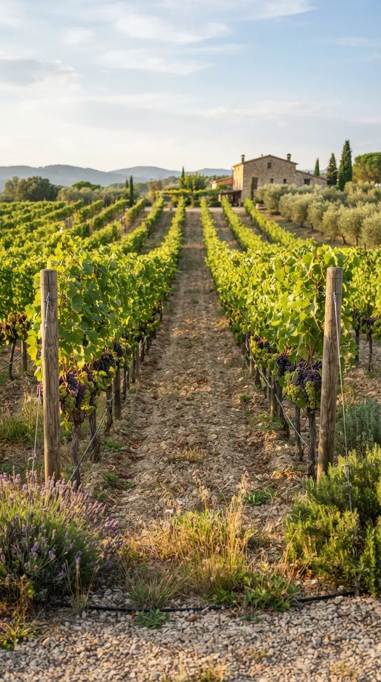 Elegant garden with neat grapevine rows surrounded by lush countryside landscaping.
