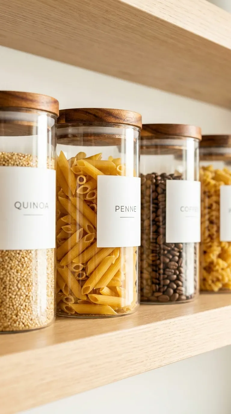 row of clear glass pantry canisters with acacia wood lids on open kitchen shelf