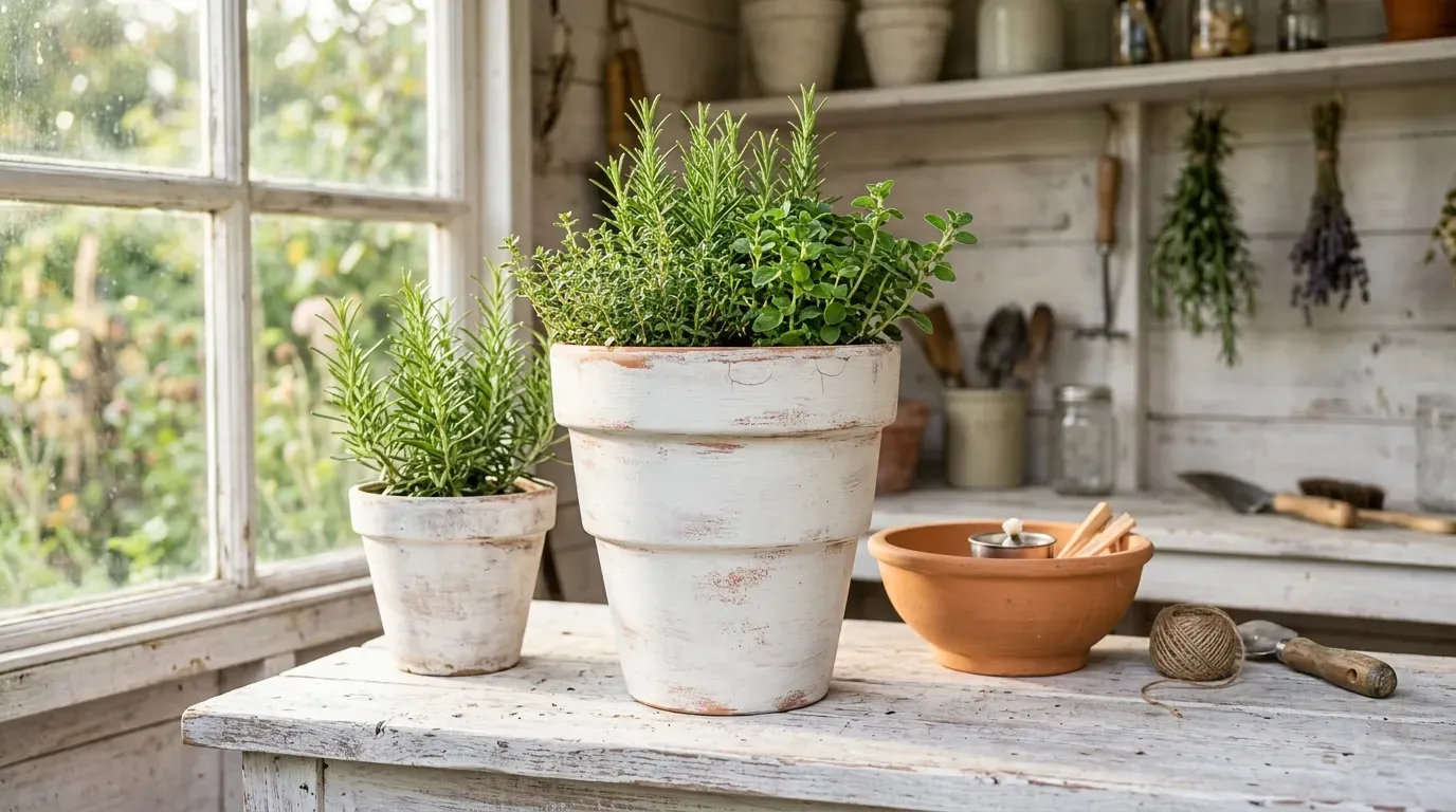 curated collection of painted and textured terracotta pots on rustic wooden potting bench