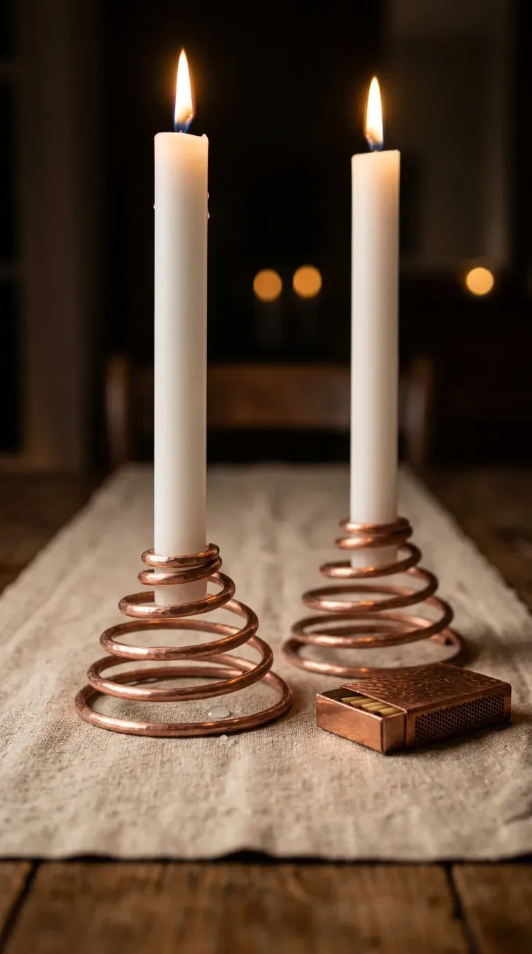 pair of coiled copper wire taper candle holders with lit white candles on a linen runner