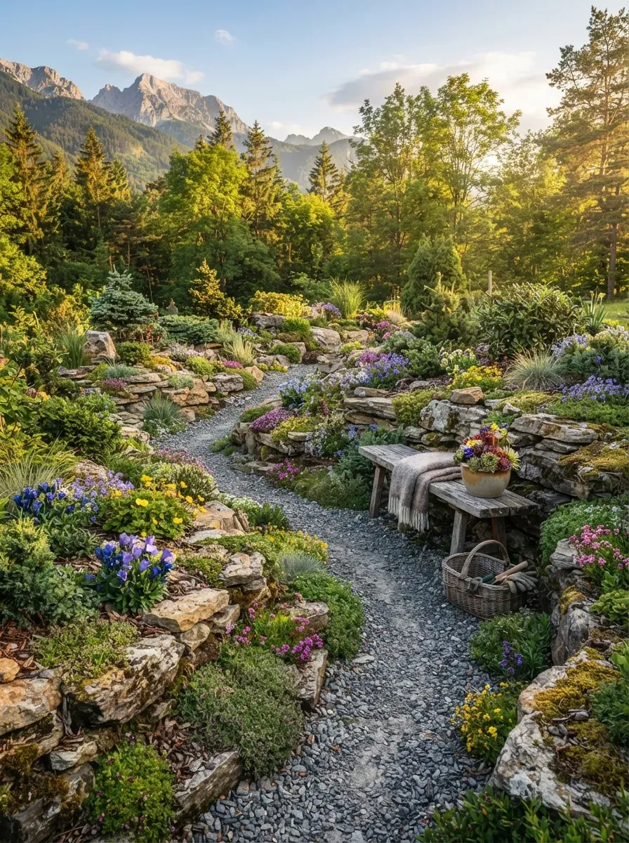 Natural rock garden filled with hardy alpine flowers and evergreen plants.