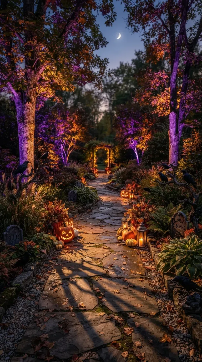 Purple and orange uplighting creating dramatic shadows across Halloween garden trees.