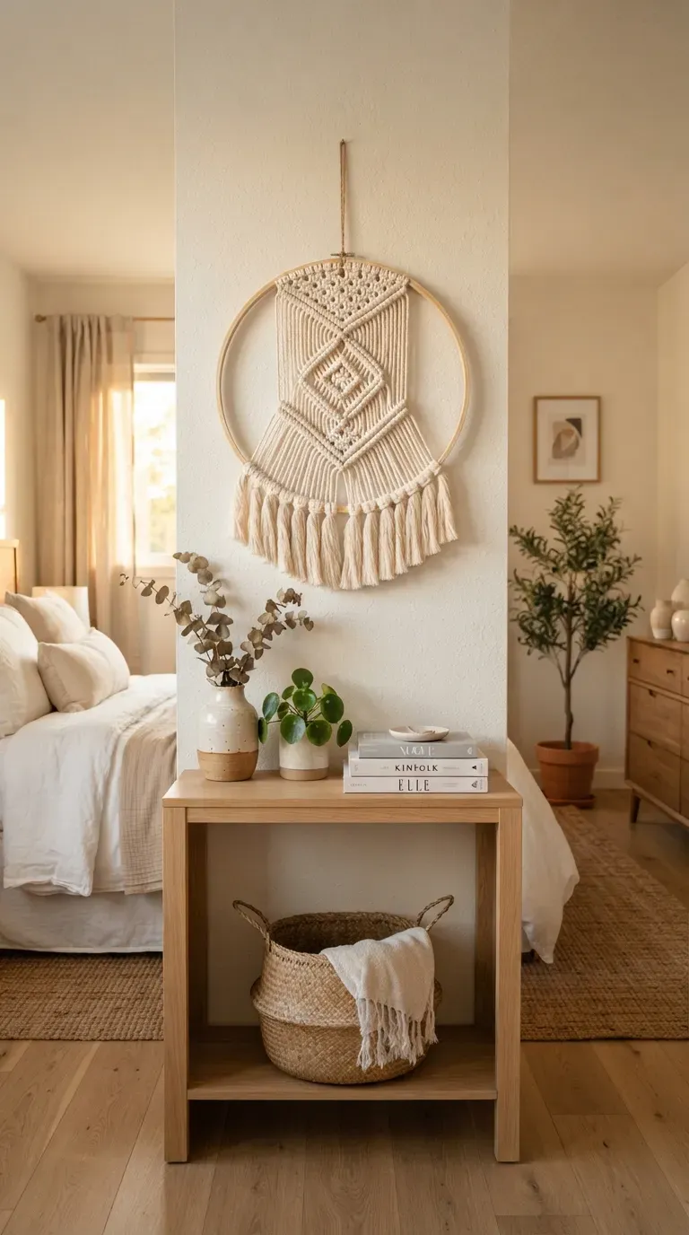 Colorful macrame wall hanging with muted terracotta mustard and cream cotton cords.