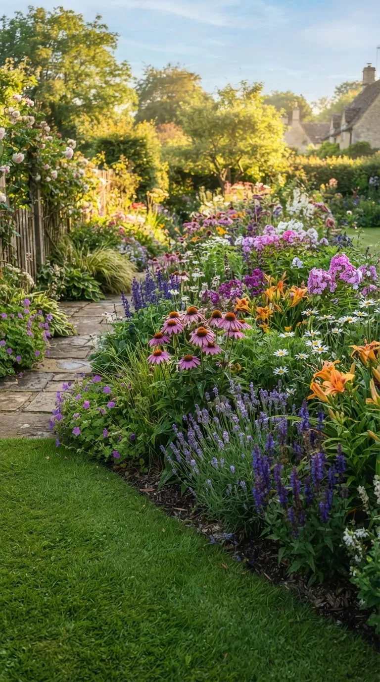 Colorful perennial flower border filled with layered blooms along a green garden lawn.