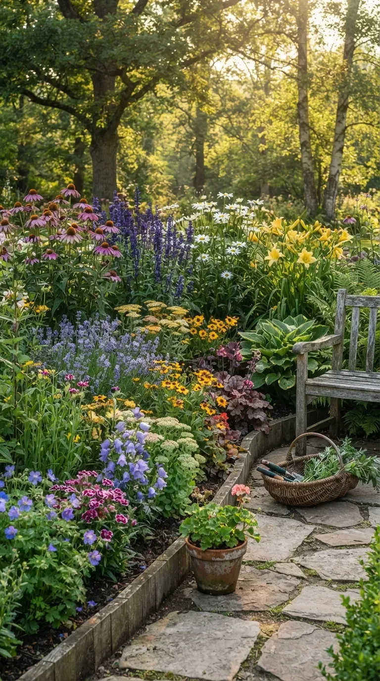 Layered perennial flower garden with purple pink yellow and white blooms.