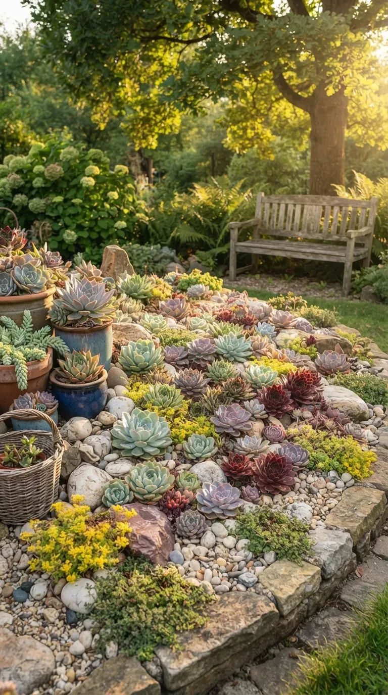 Colorful rosette succulents arranged between pale rocks in a decorative garden bed.