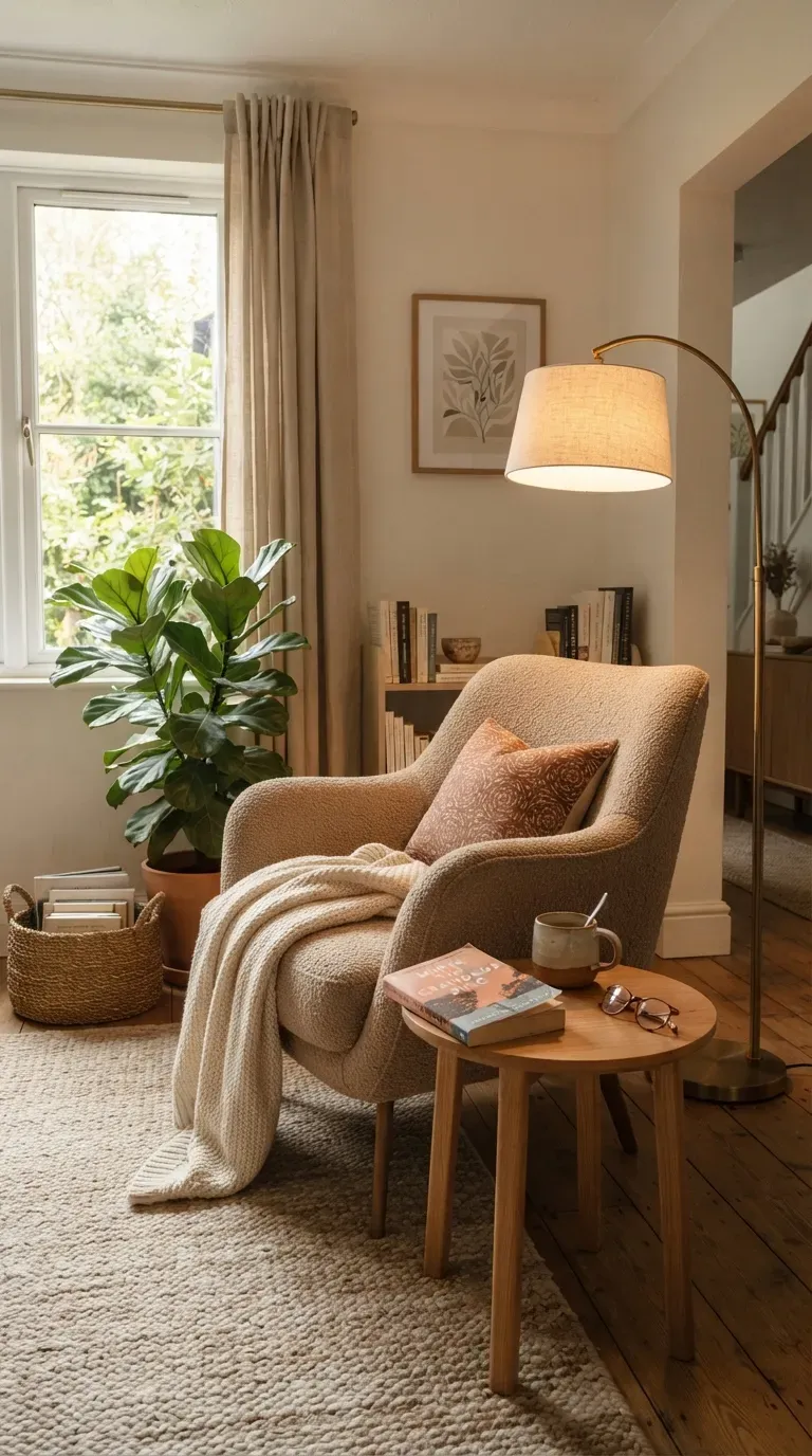 Elegant lounge chair styled as a cozy reading nook with books blanket and side table.
