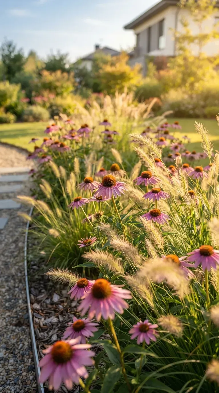 Long garden border filled with colorful coneflowers and blooming perennial flowers.
