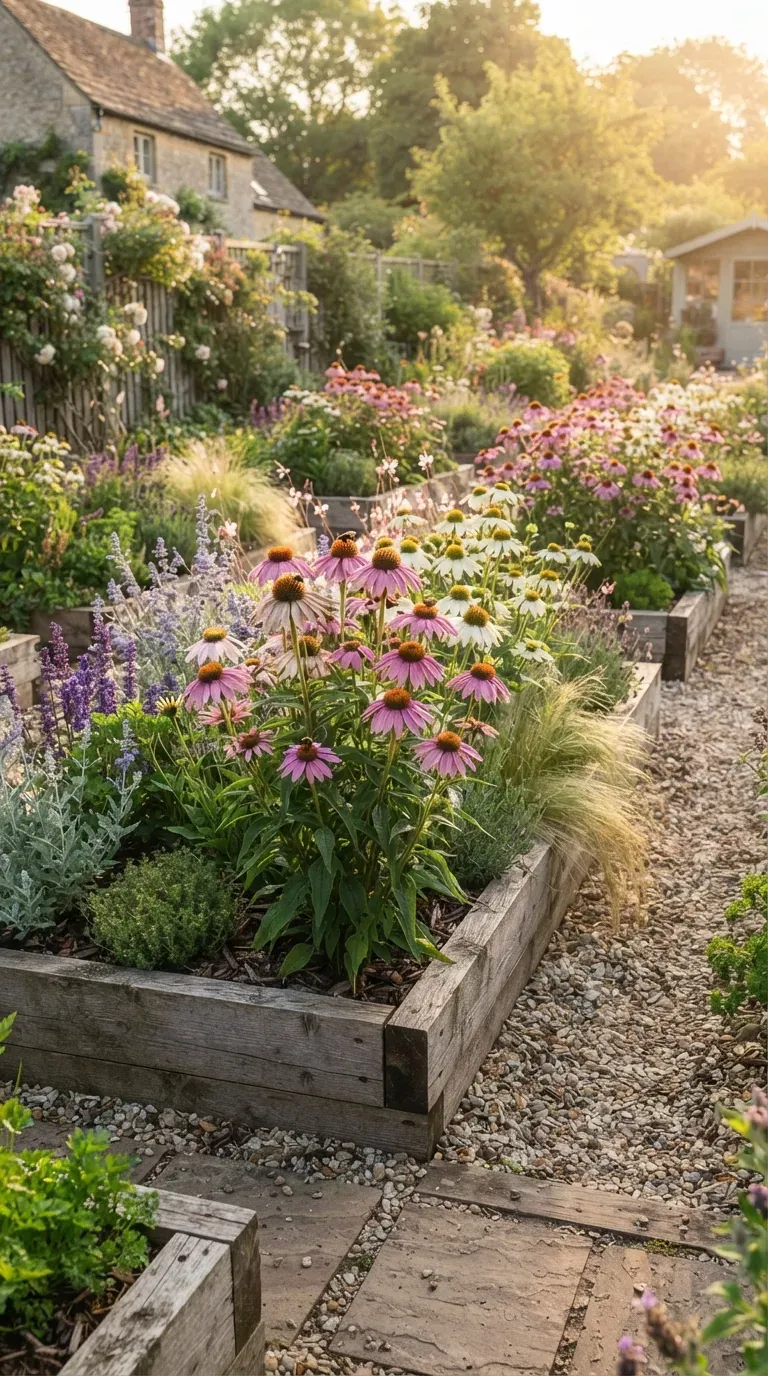 Stone garden pathway lined with colorful blooming coneflowers and lush greenery.
