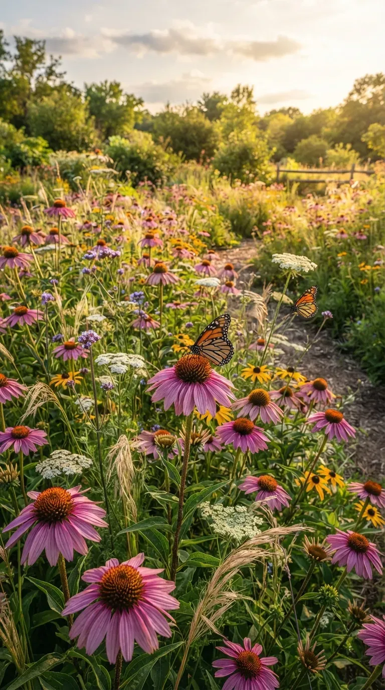 Cozy backyard seating area surrounded by blooming colorful coneflowers and lush flowers.