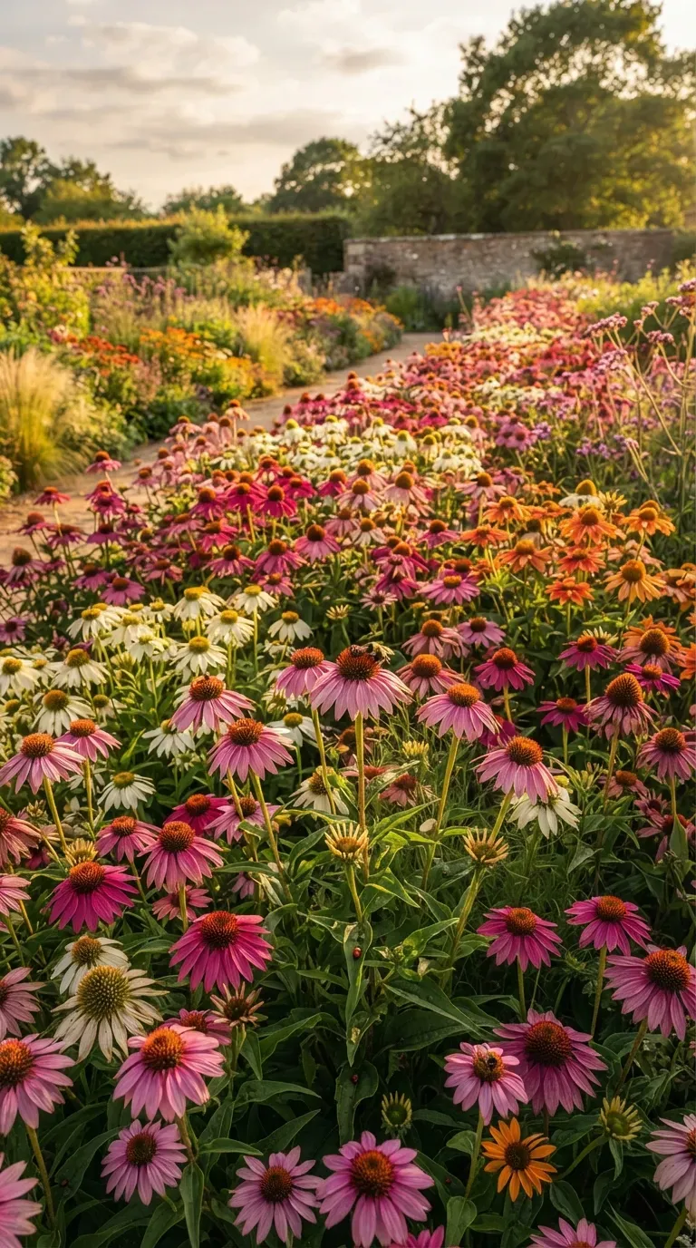 Natural wildflower meadow blooming with colorful coneflowers and native flowers.