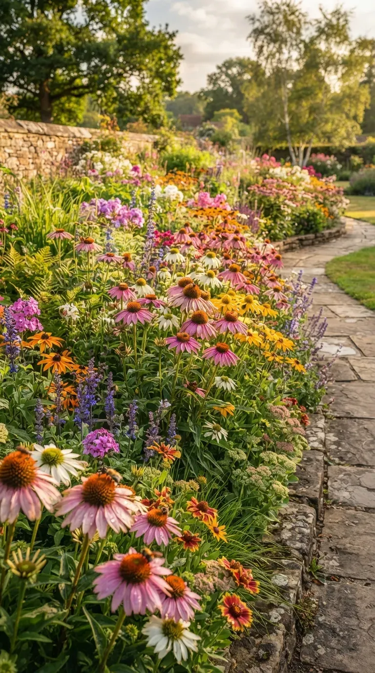 Purple coneflowers growing beside flowing ornamental grasses in a modern landscape.