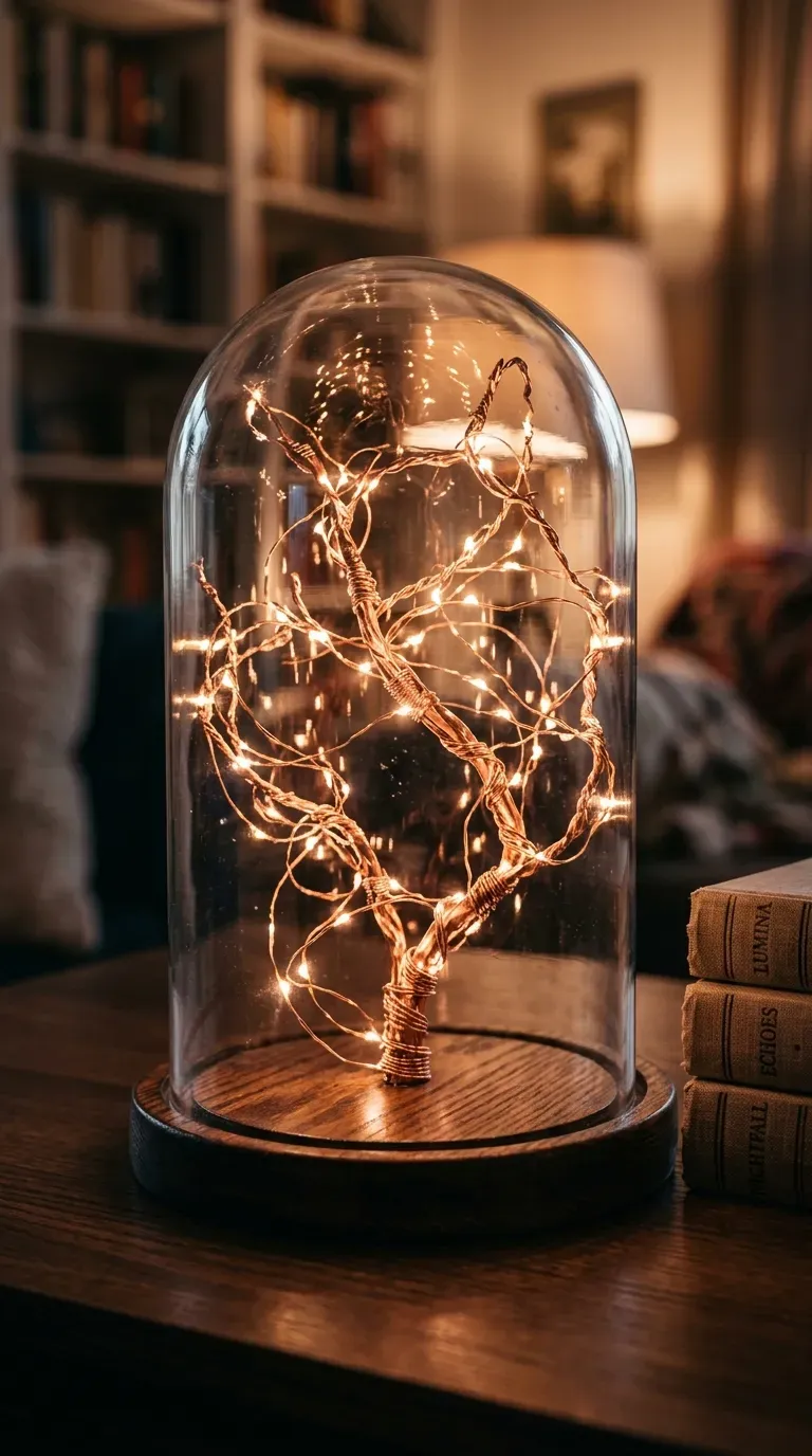 illuminated copper wire fairy light sculpture inside a glass bell jar cloche on a dark mantle