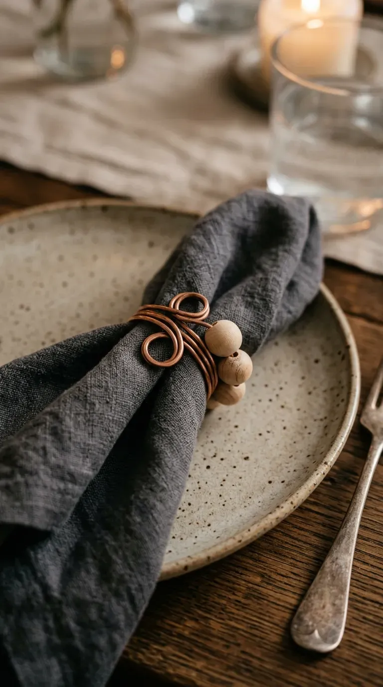 folded natural linen napkin bound by a copper wire and wooden bead napkin ring on a ceramic plate