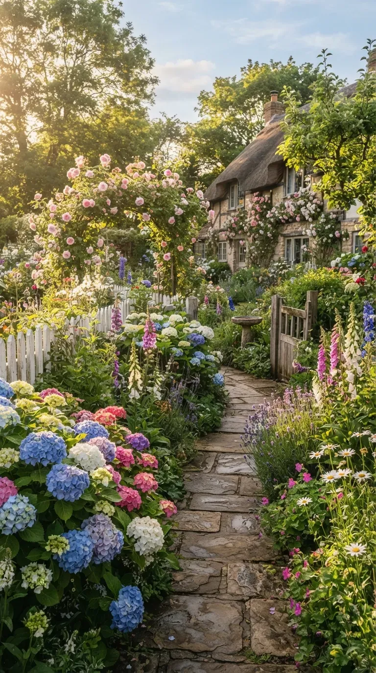 Colorful cottage garden filled with blooming hydrangeas, roses, and winding stone pathways.